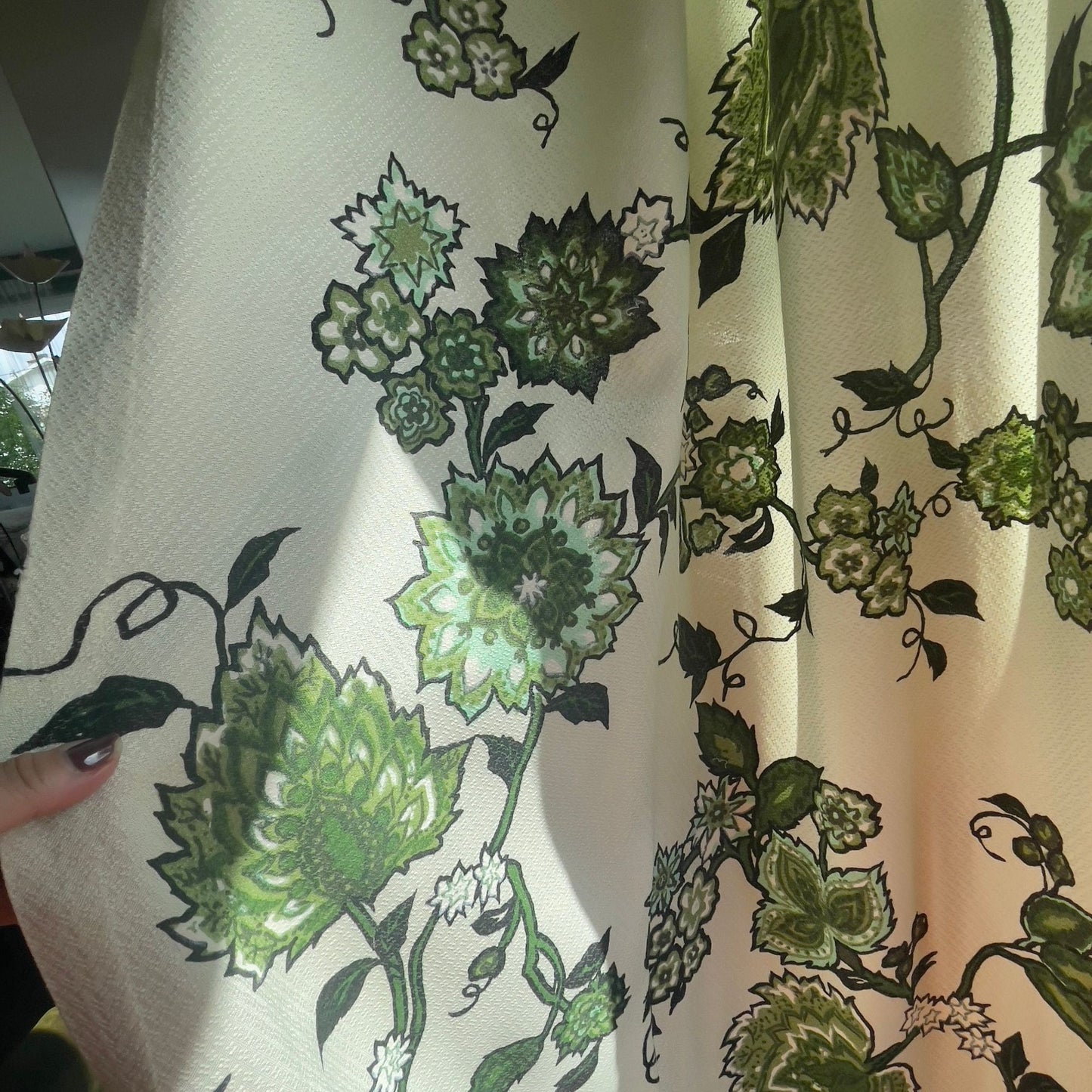 Vintage 60s pleated curtain, green and white bold floral fiberglass panel