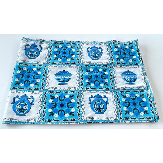 Vintage 70s curtain, blue and white valance