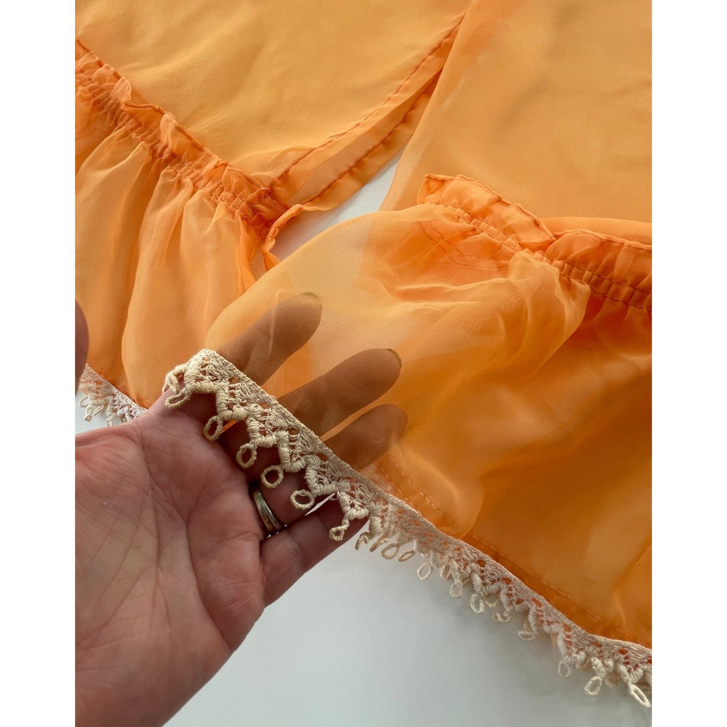 Vintage 70s curtains, pair of orange sheer ruffled panels