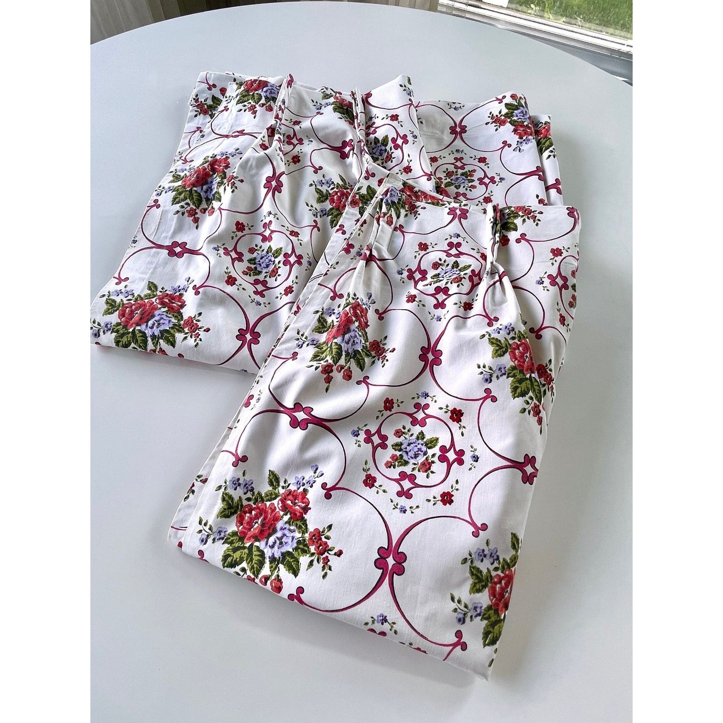 Vintage 60s pleated curtains, white pink floral, black out
