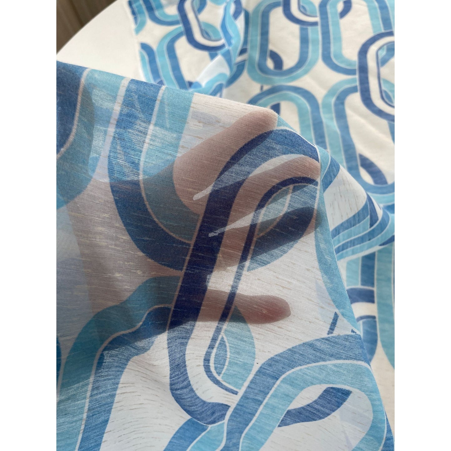 Vintage 70s blue geometric curtain, single panel