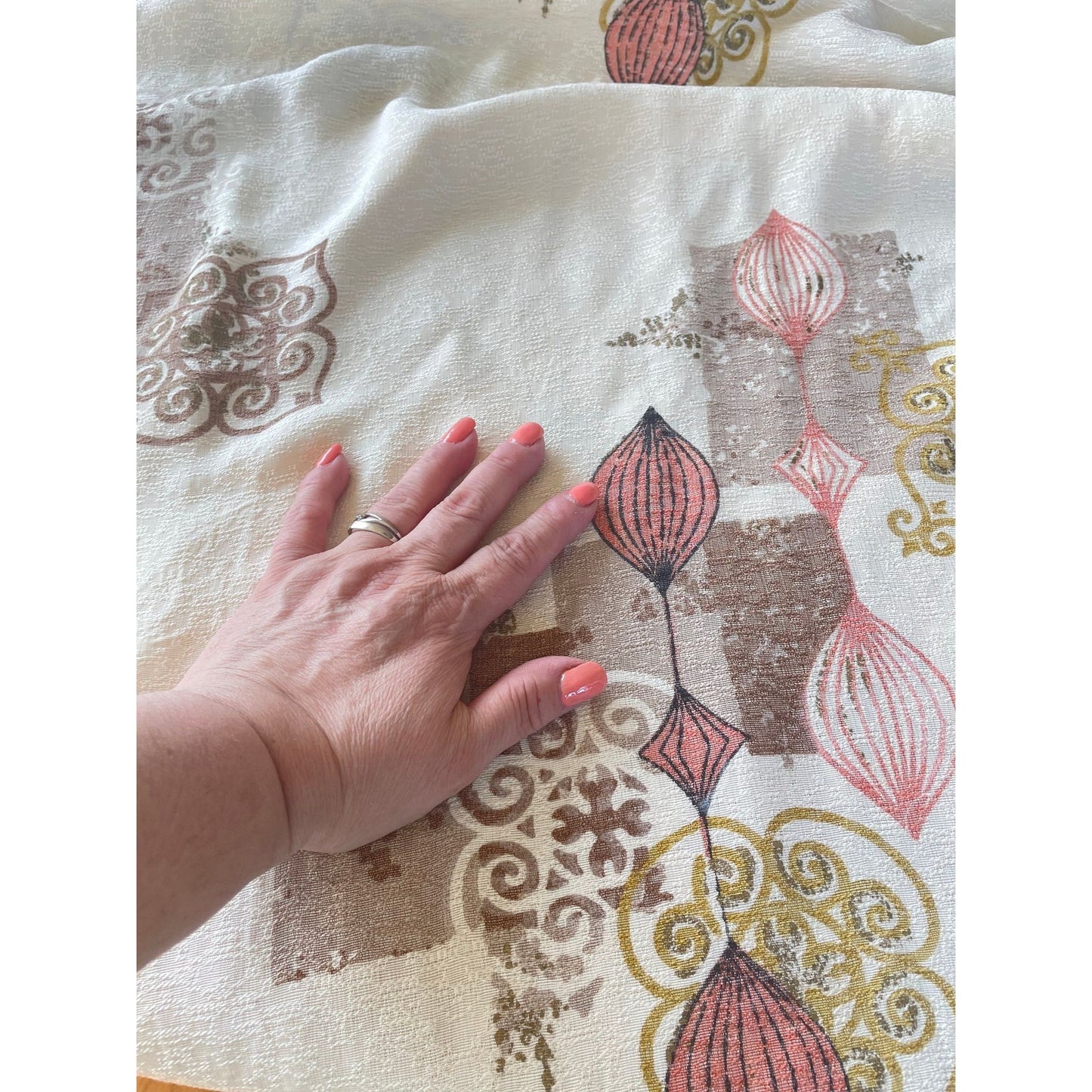 Vintage 50s barkcloth curtains, pink gold cream