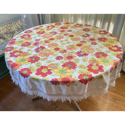 Vintage 70s fringed round tablecloth, 63"