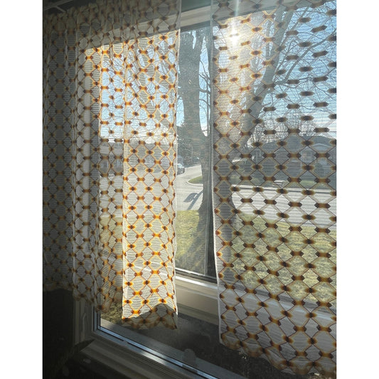 Vintage 70s curtain, orange brown geometric pattern, mesh panel