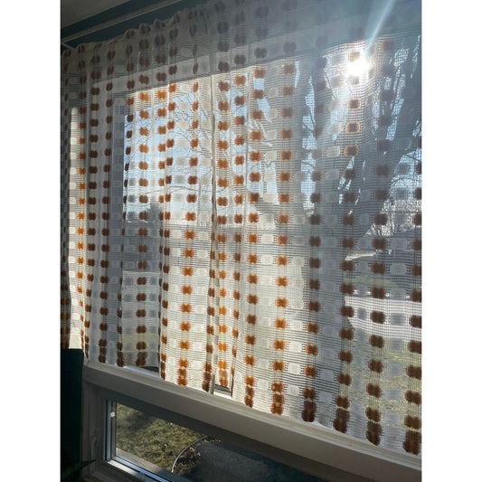 Vintage 70s curtain, orange yellow geometric pattern, mesh panel