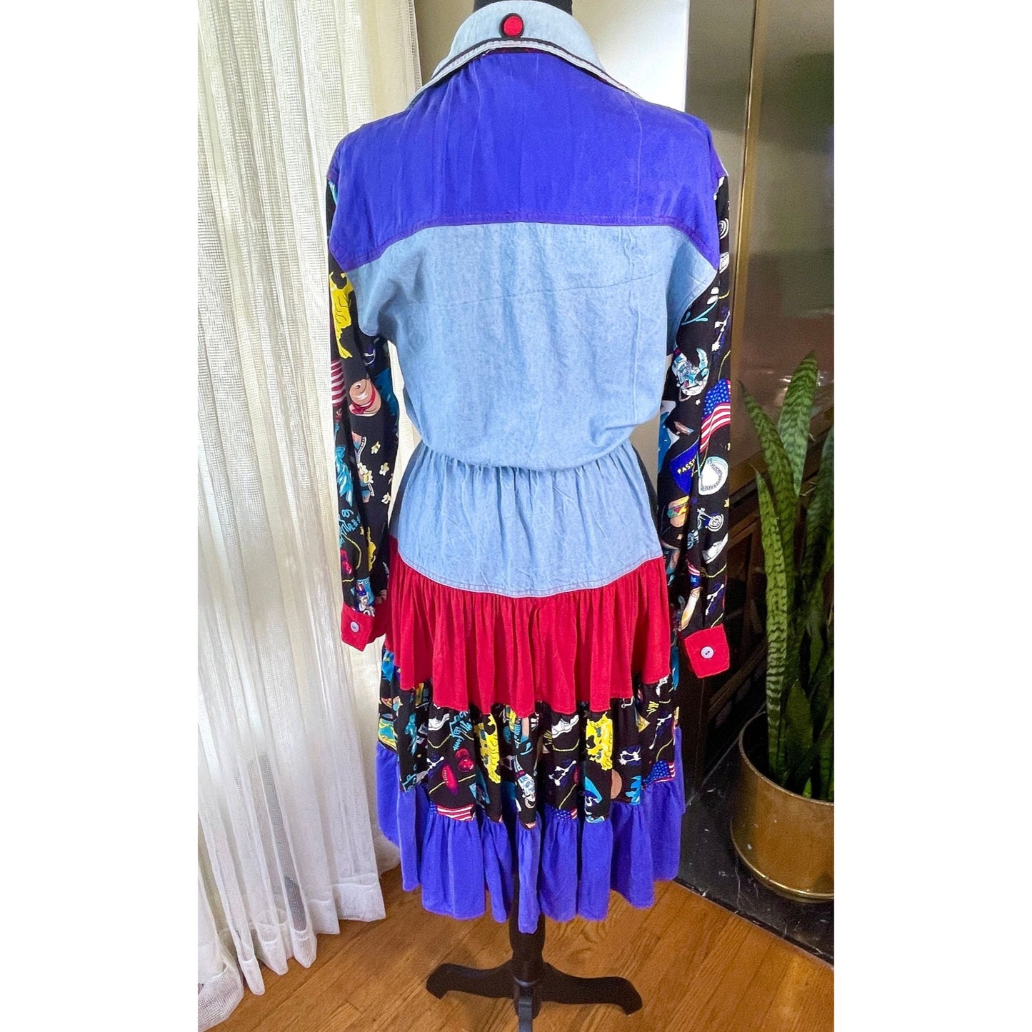 Vintage 80s dress, denim shirtdress, full skirt American patriotic pattern, D. Frank