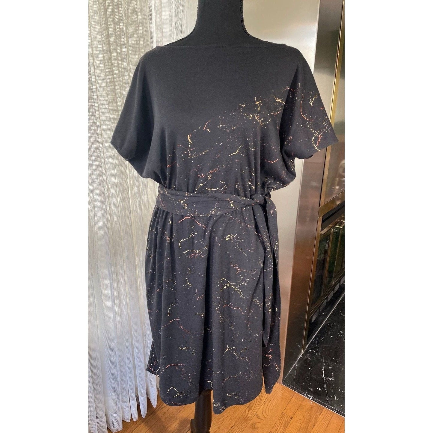 Vintage 80s dress, black with splatter print dress, batwing