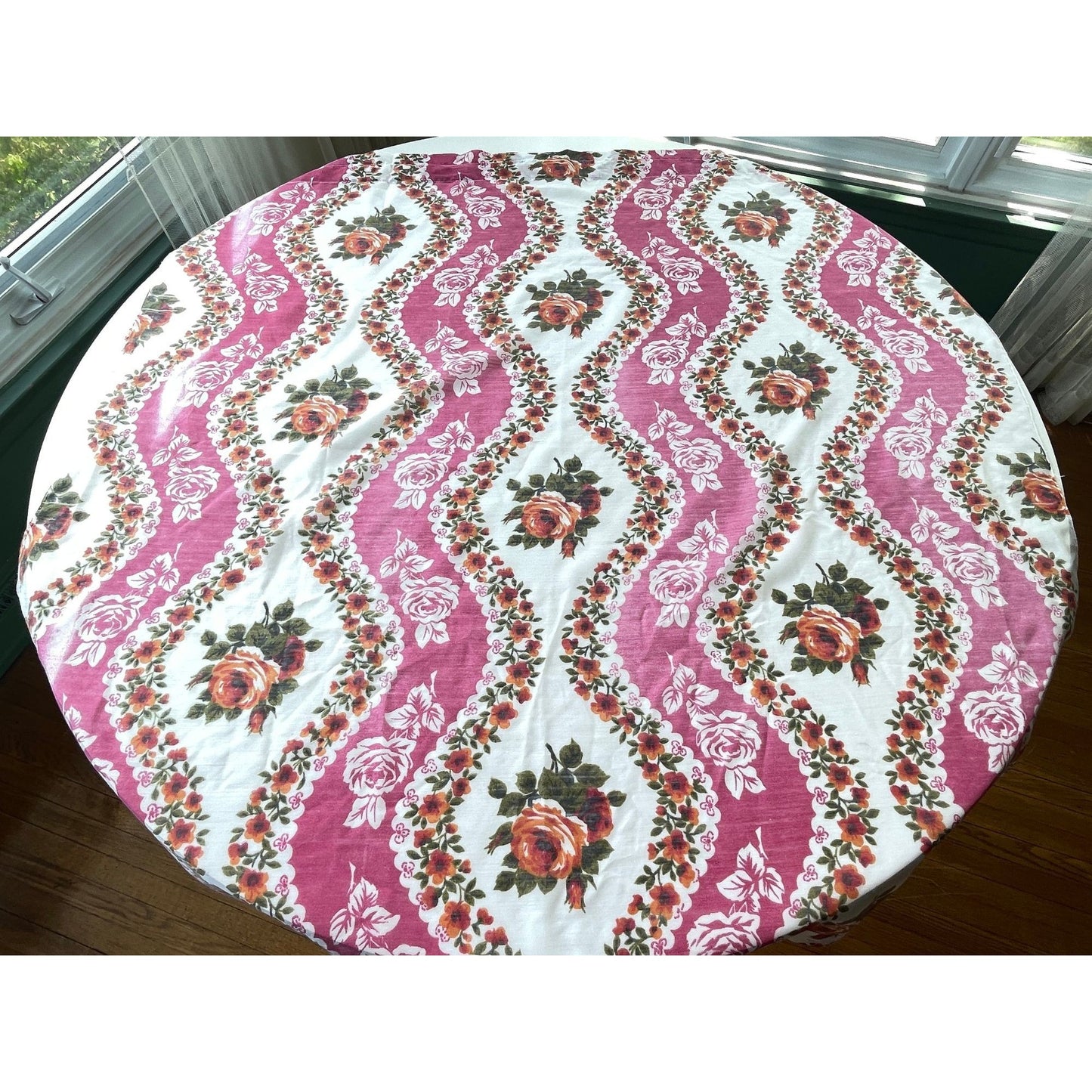 Vintage 70s curtains, pink floral sheer pair of panels