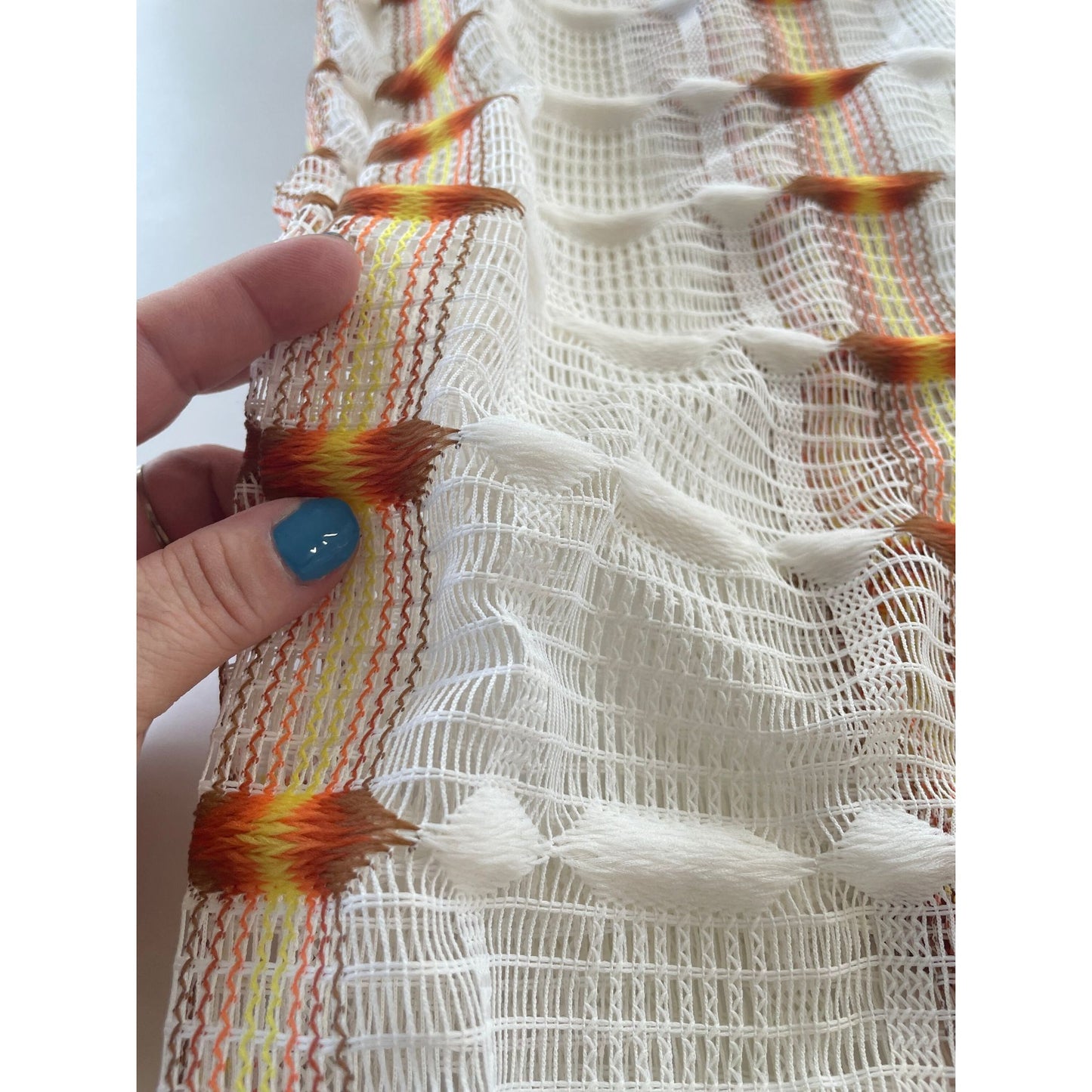 Vintage 70s curtain, orange groovy pattern, mesh panel