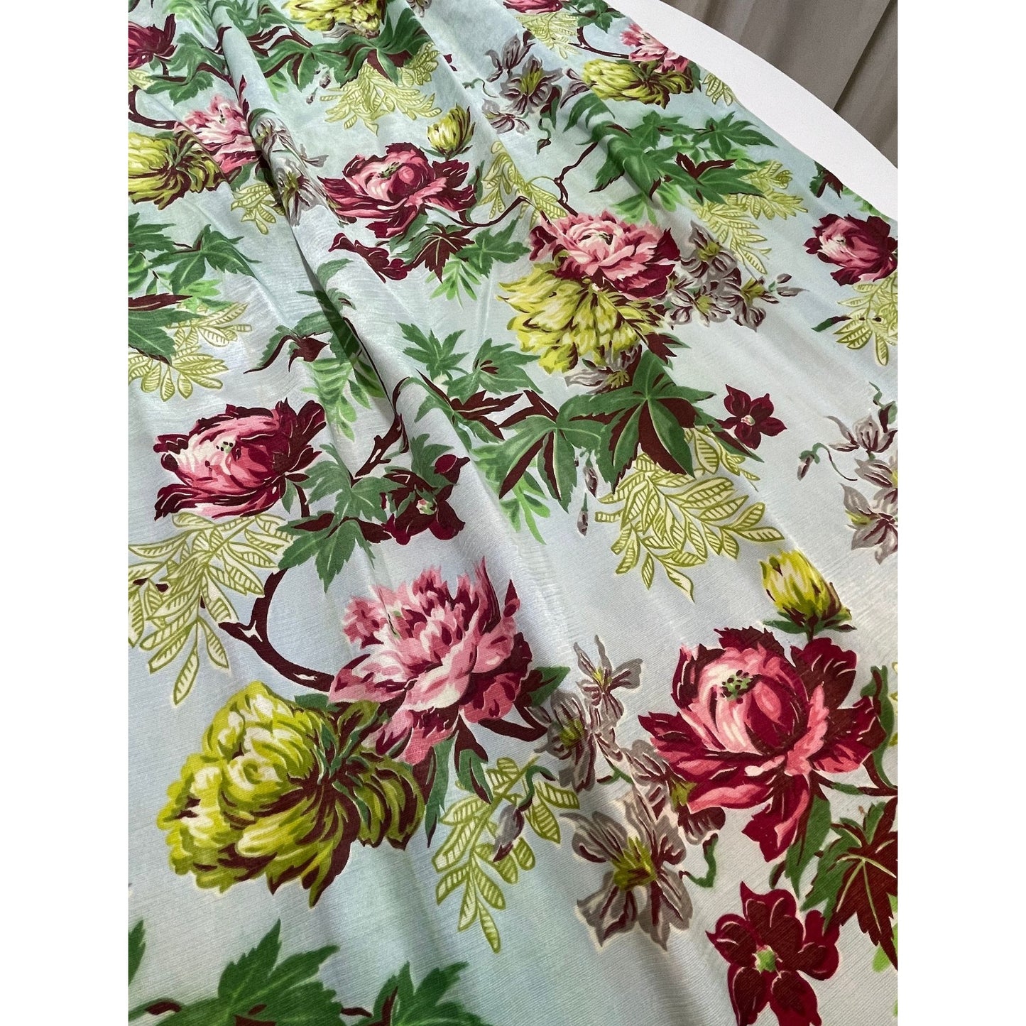 Vintage MCM pleated floral curtain panel, robin egg blue, pink yellow floral, greenery