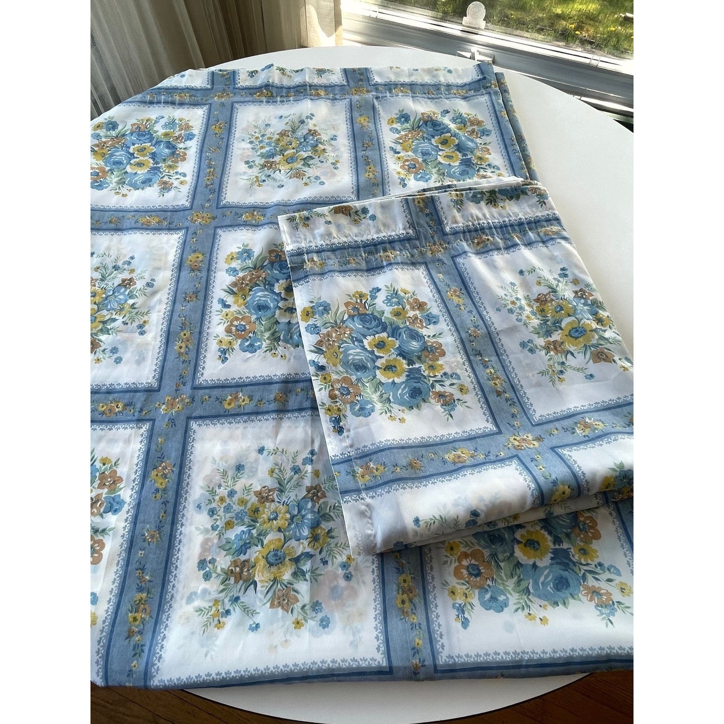 Pair of vintage 70s blue floral curtains panels