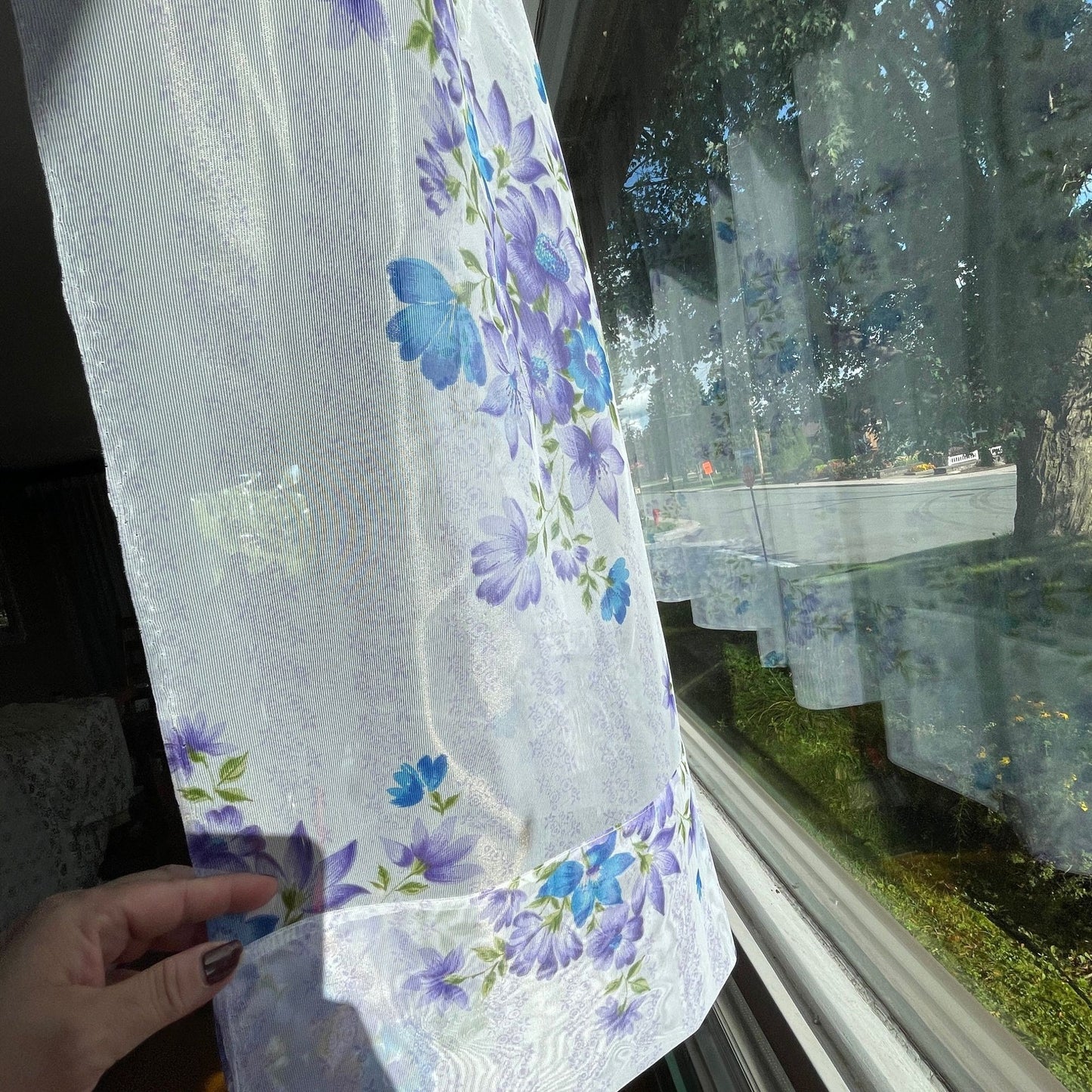 Vintage 60s sheer blue purple floral curtain