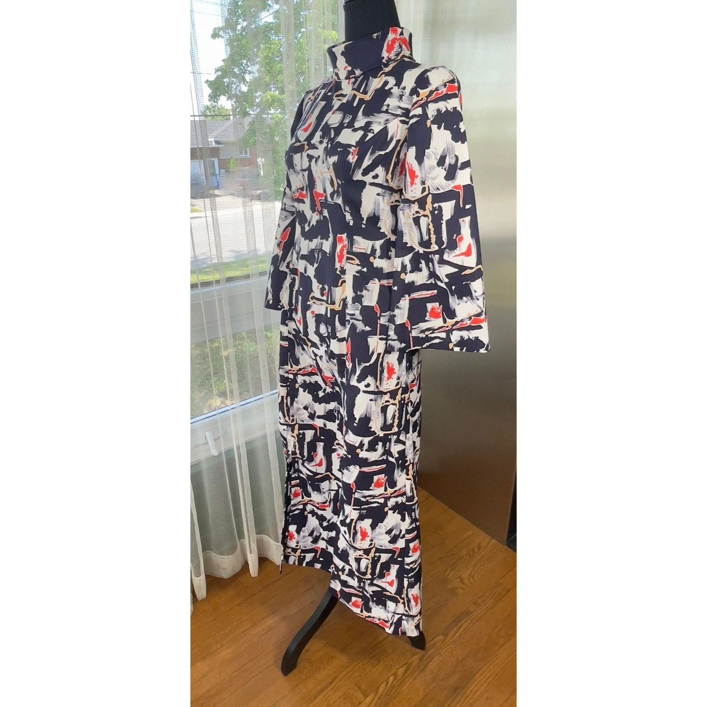 Vintage 70s maxi dress, blue, white and red MOD pattern, long sleeves, front double slit