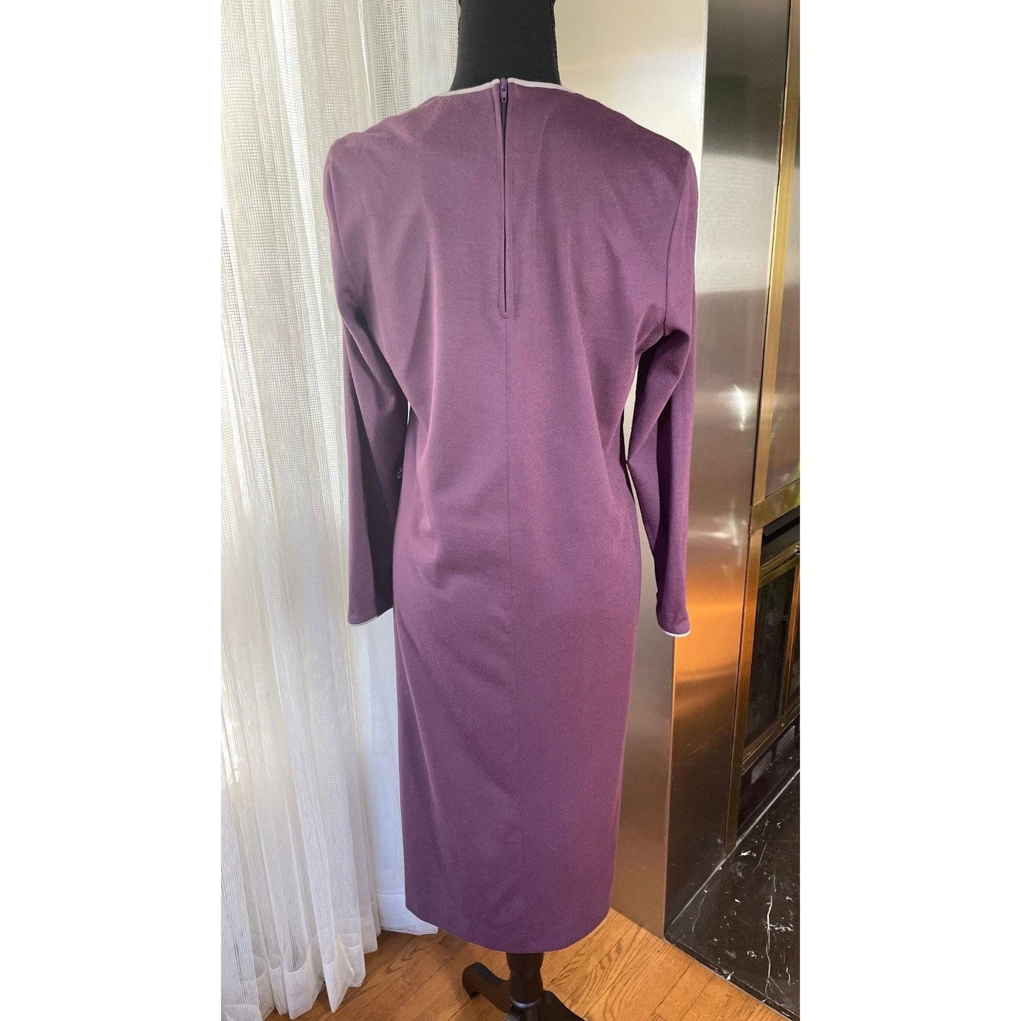 Vintage 80s dress, purple and grey, long sleeves, Mr Edwards