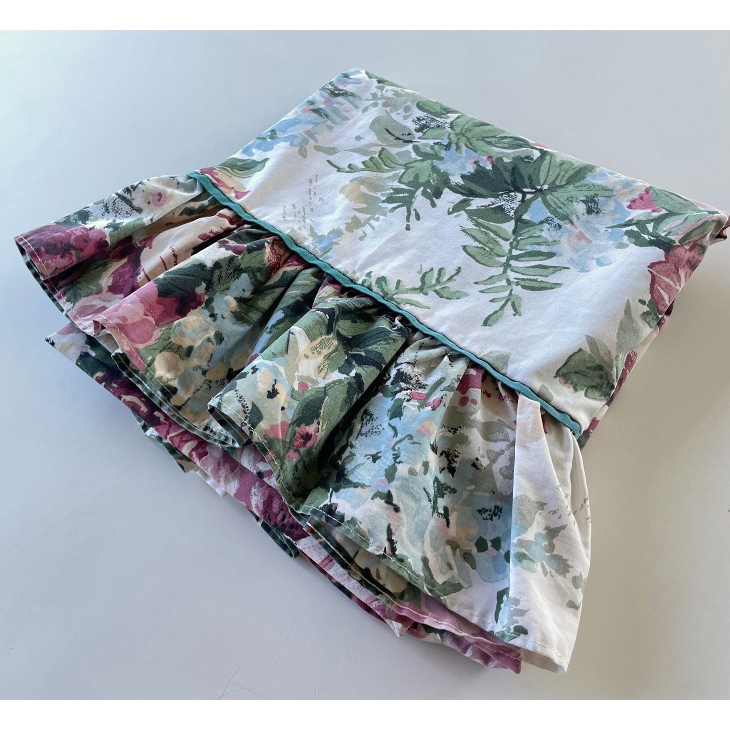 Vintage 80s curtain, green pink floral, ruffled bottom panel