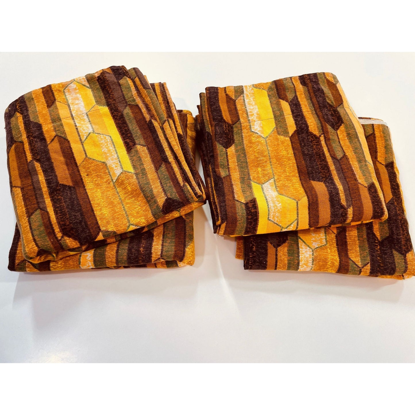 Vintage 70s pleated curtain, orange brown geometric pattern