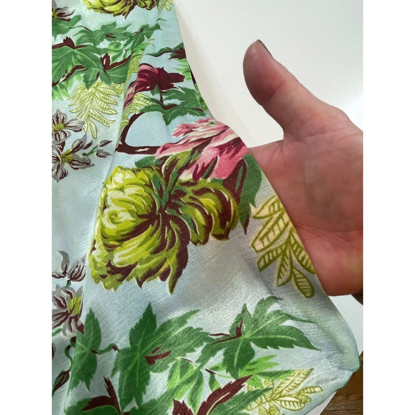 Vintage MCM pleated floral curtain panel, robin egg blue, pink yellow floral, greenery