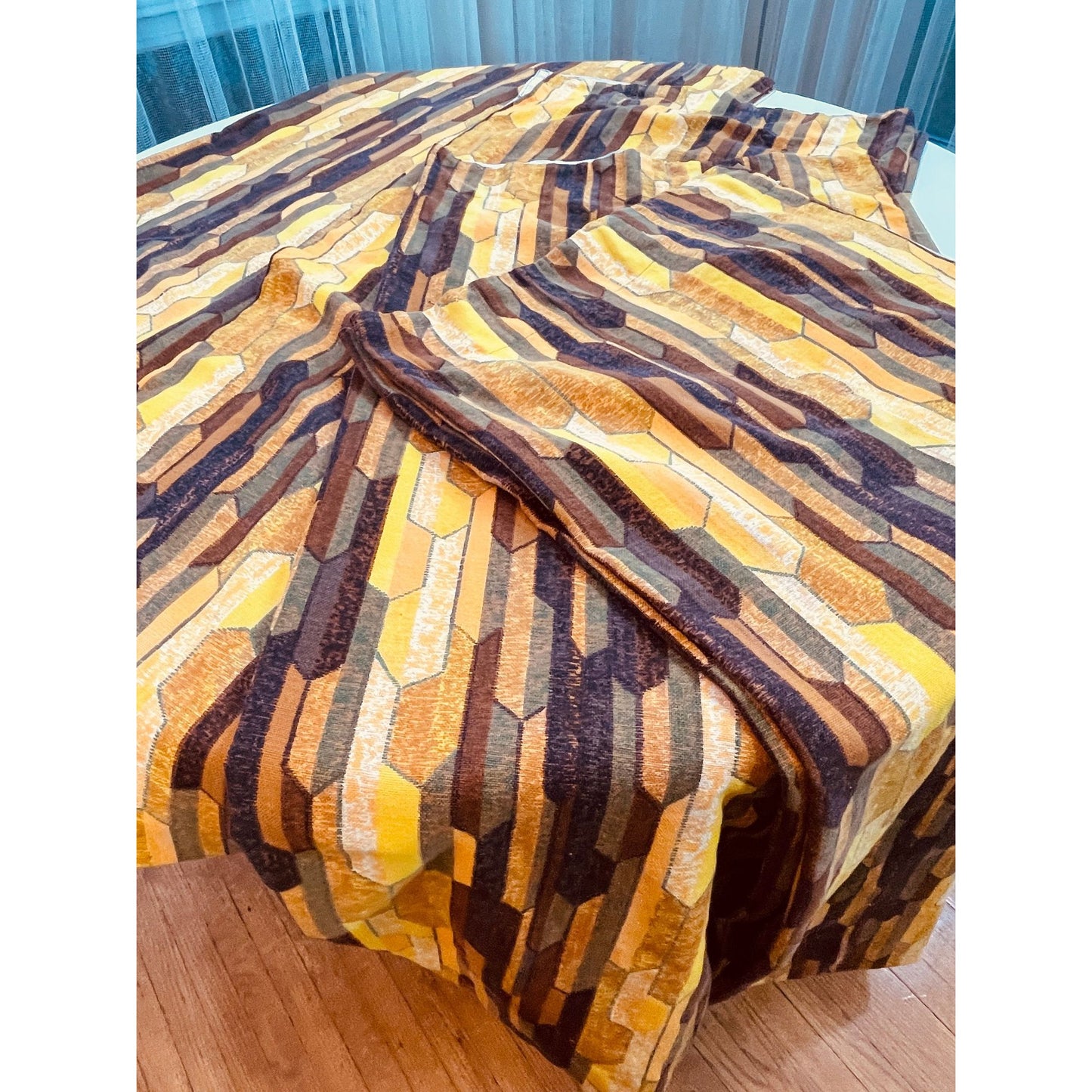 Vintage 70s pleated curtain, orange brown geometric pattern
