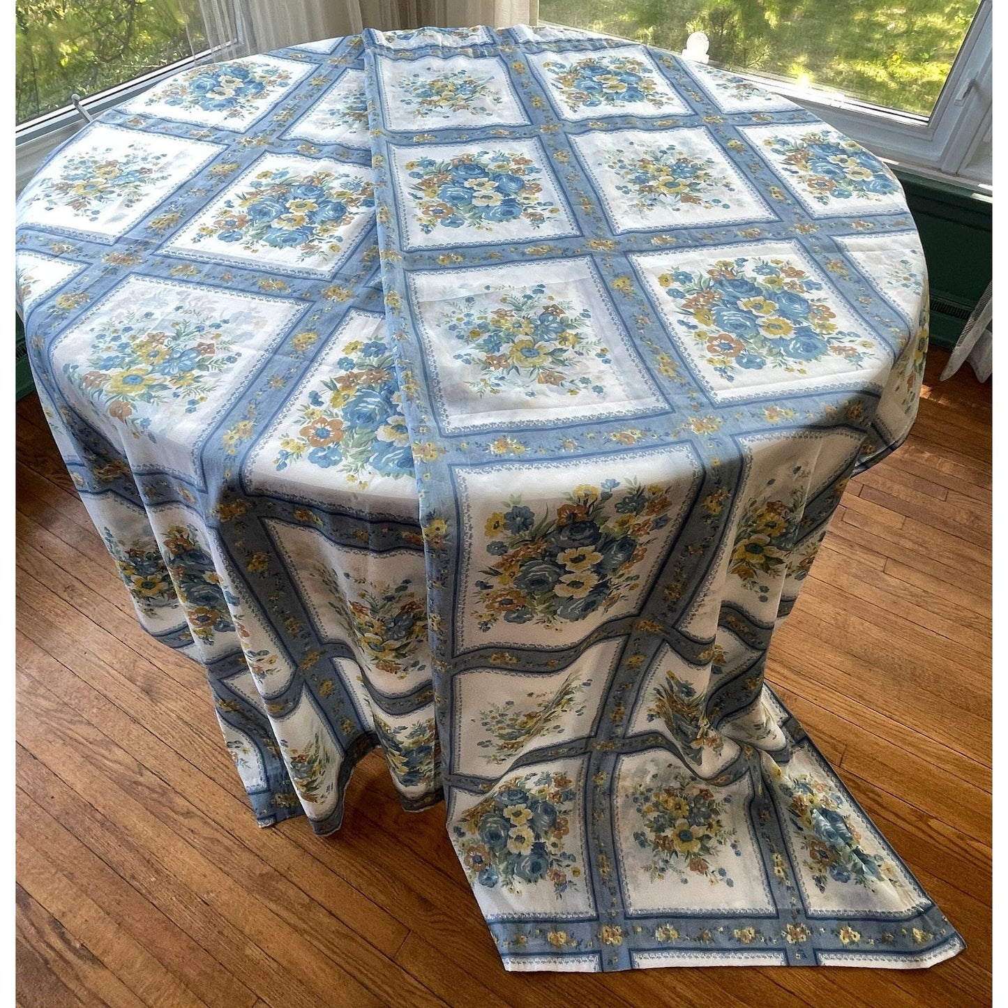 Pair of vintage 70s blue floral curtains panels