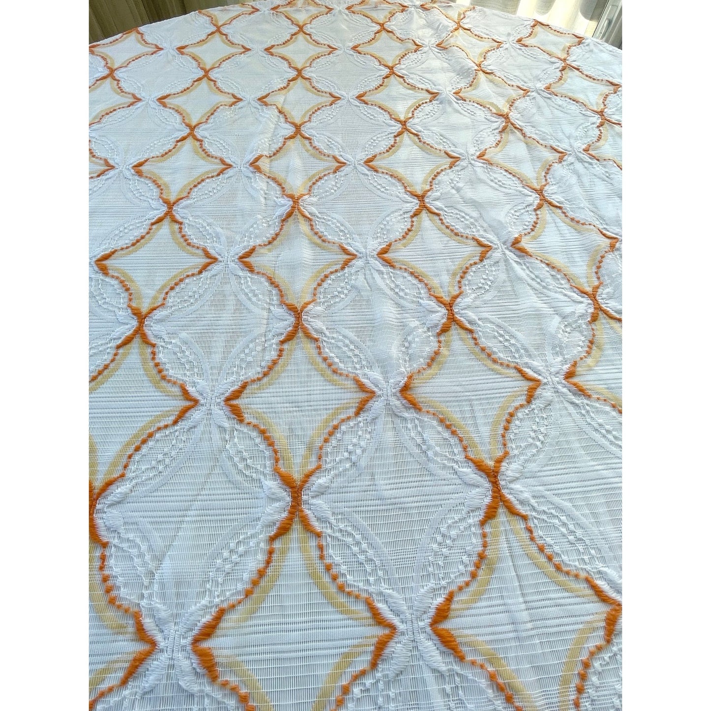 Vintage 70s geometric orange white mesh curtain