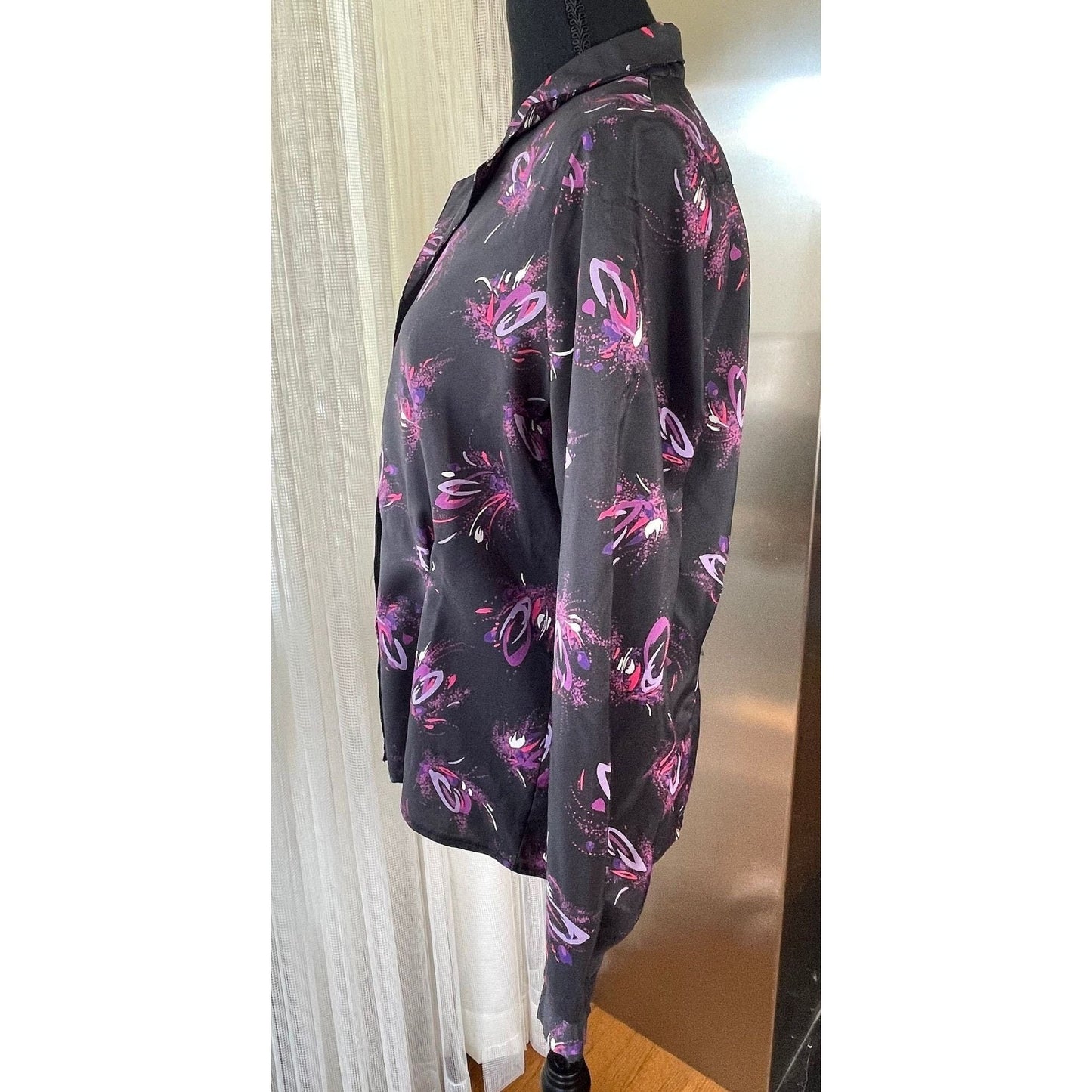 Vintage 80s satin blouse, black and hot pink, long sleeves