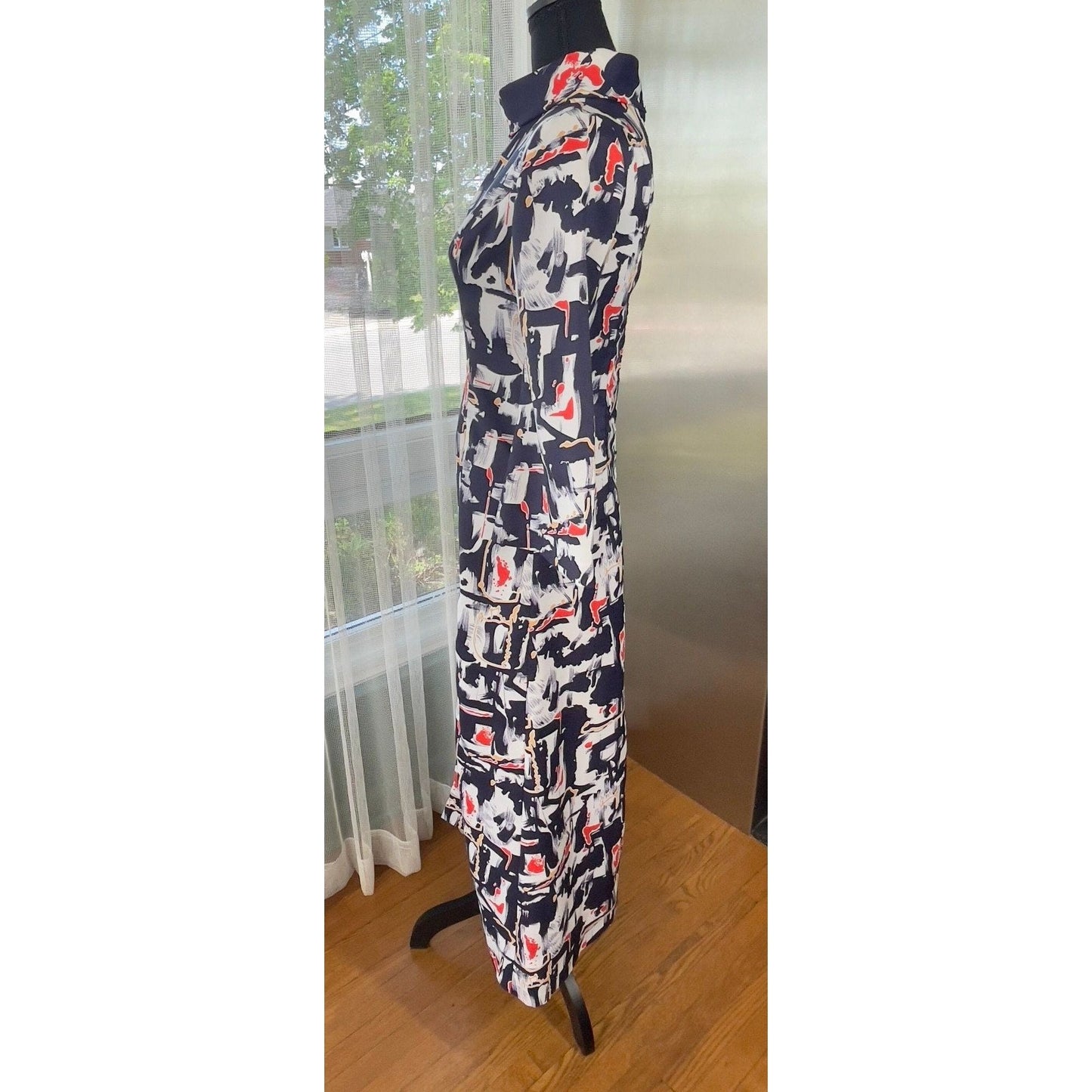 Vintage 70s maxi dress, blue, white and red MOD pattern, long sleeves, front double slit