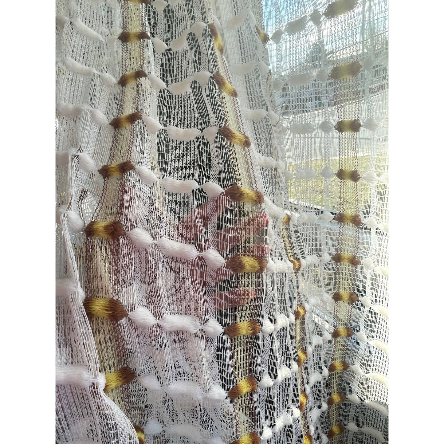 Vintage 70s curtain, orange brown geometric pattern, fluffy mesh panel