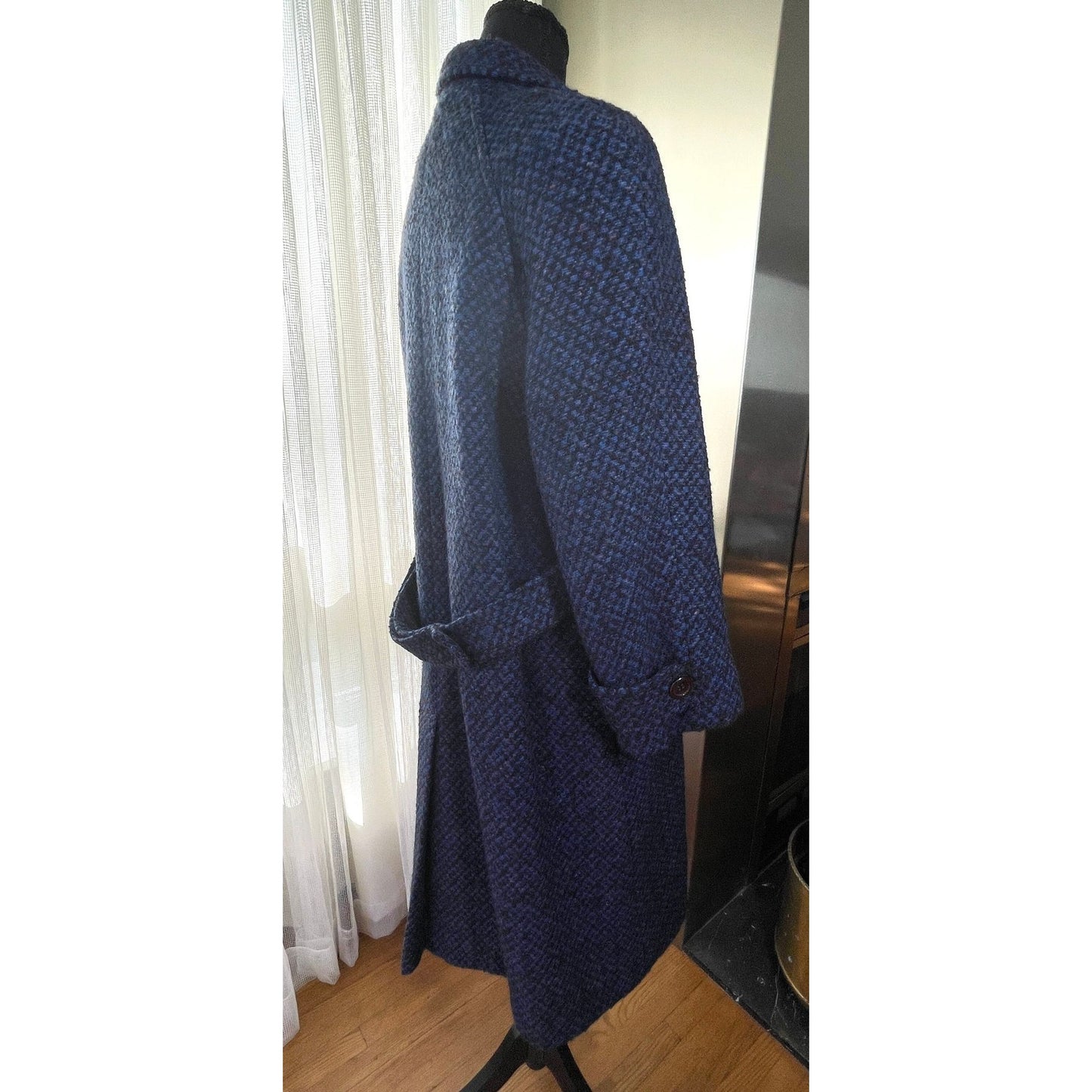 Vintage 80s tweed wool coat, navy and black oversized shoulders, HannaH Collection Coats