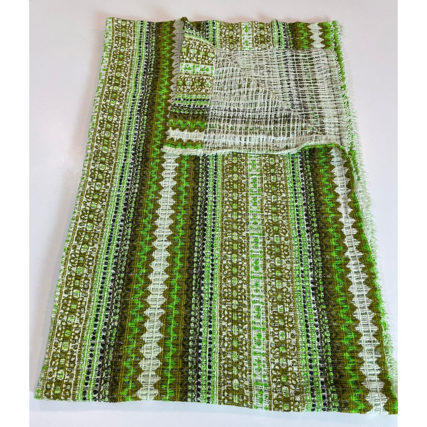 Vintage 70s curtain, green geometric pattern