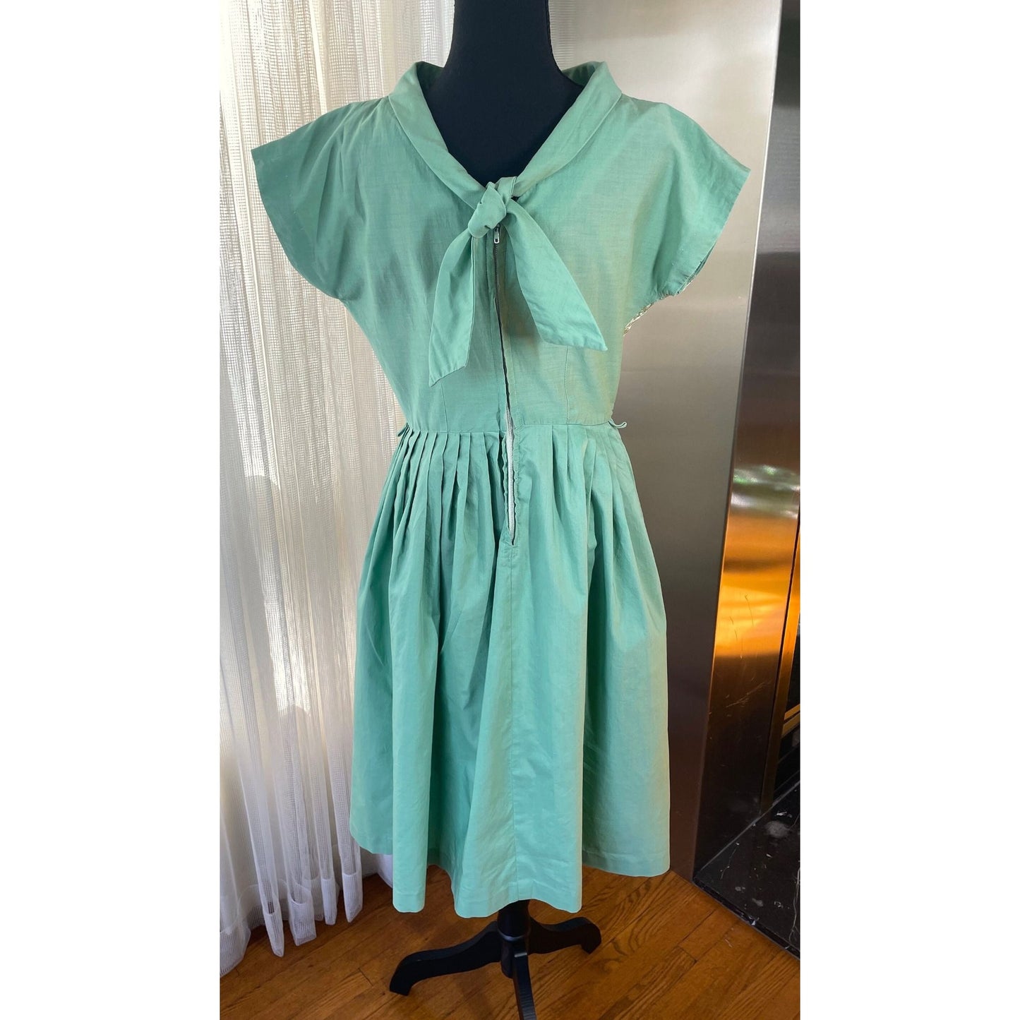 Vintage 50s swing dress, mint green, boat collar, detailed embroidery