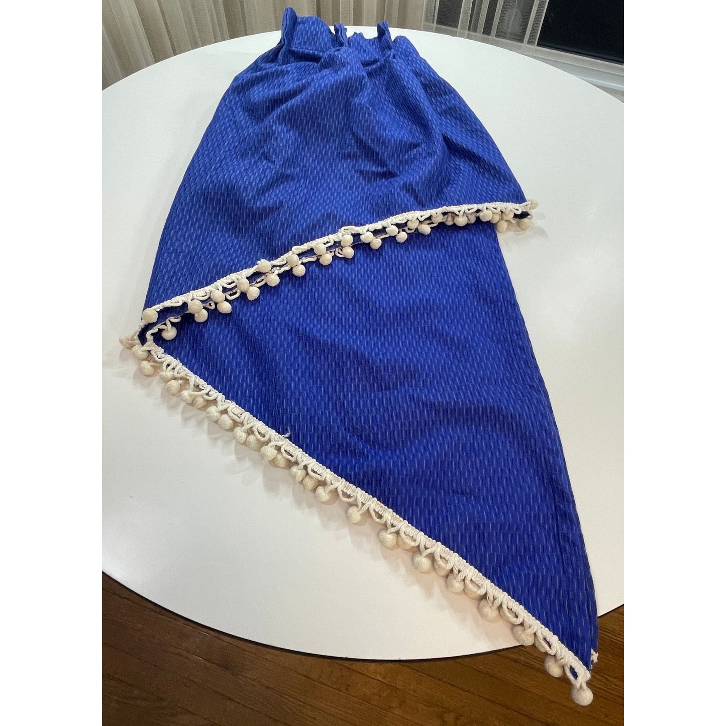 Vintage 70s pleated  curtain, indigo with white pompoms swag valance