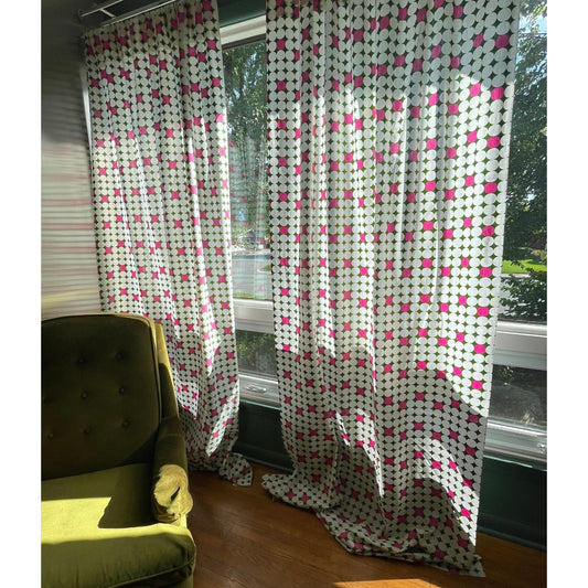 Vintage 70s curtain panels, hot pink and green geometric pattern