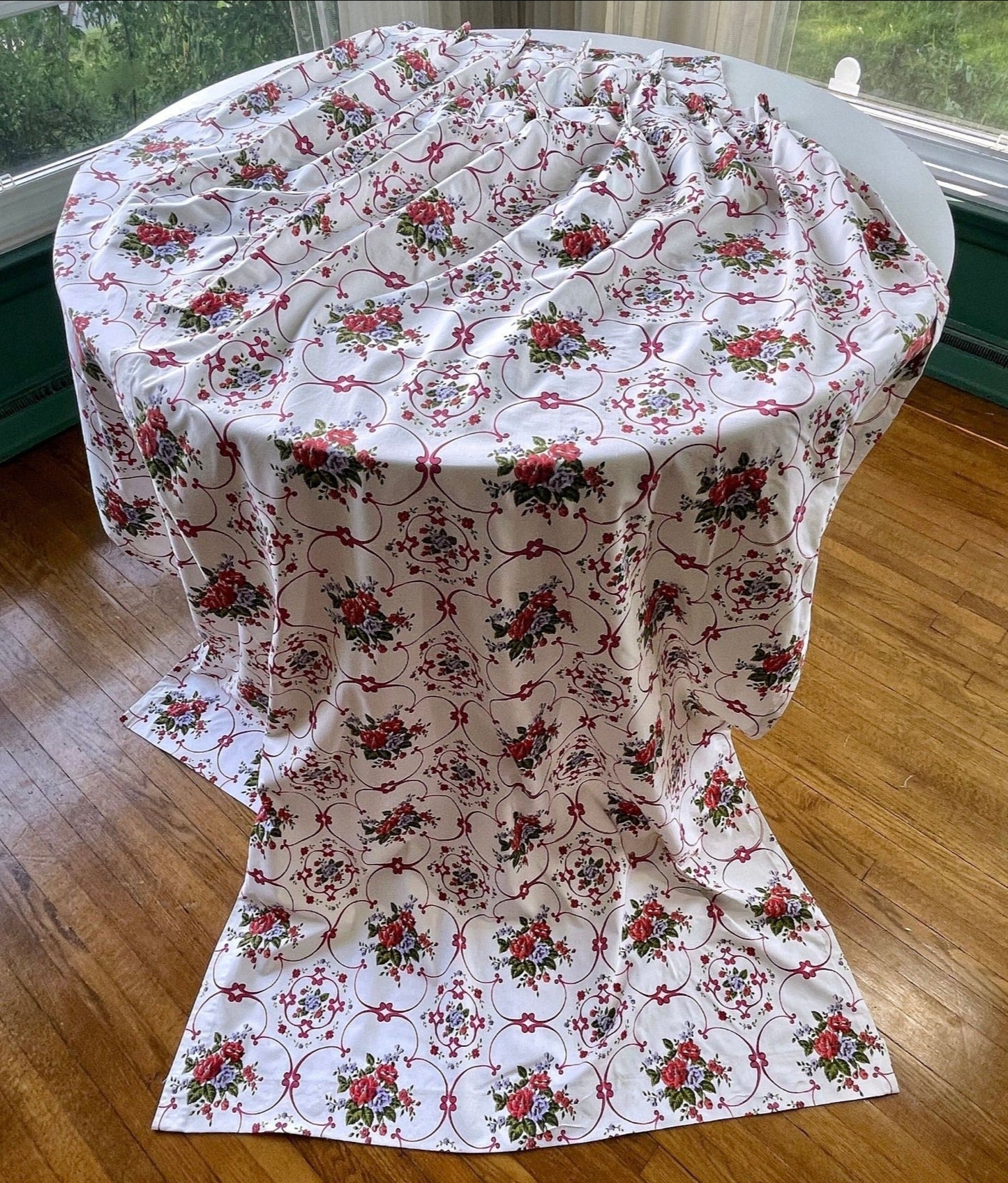 Vintage 60s pleated curtains, white pink floral, black out