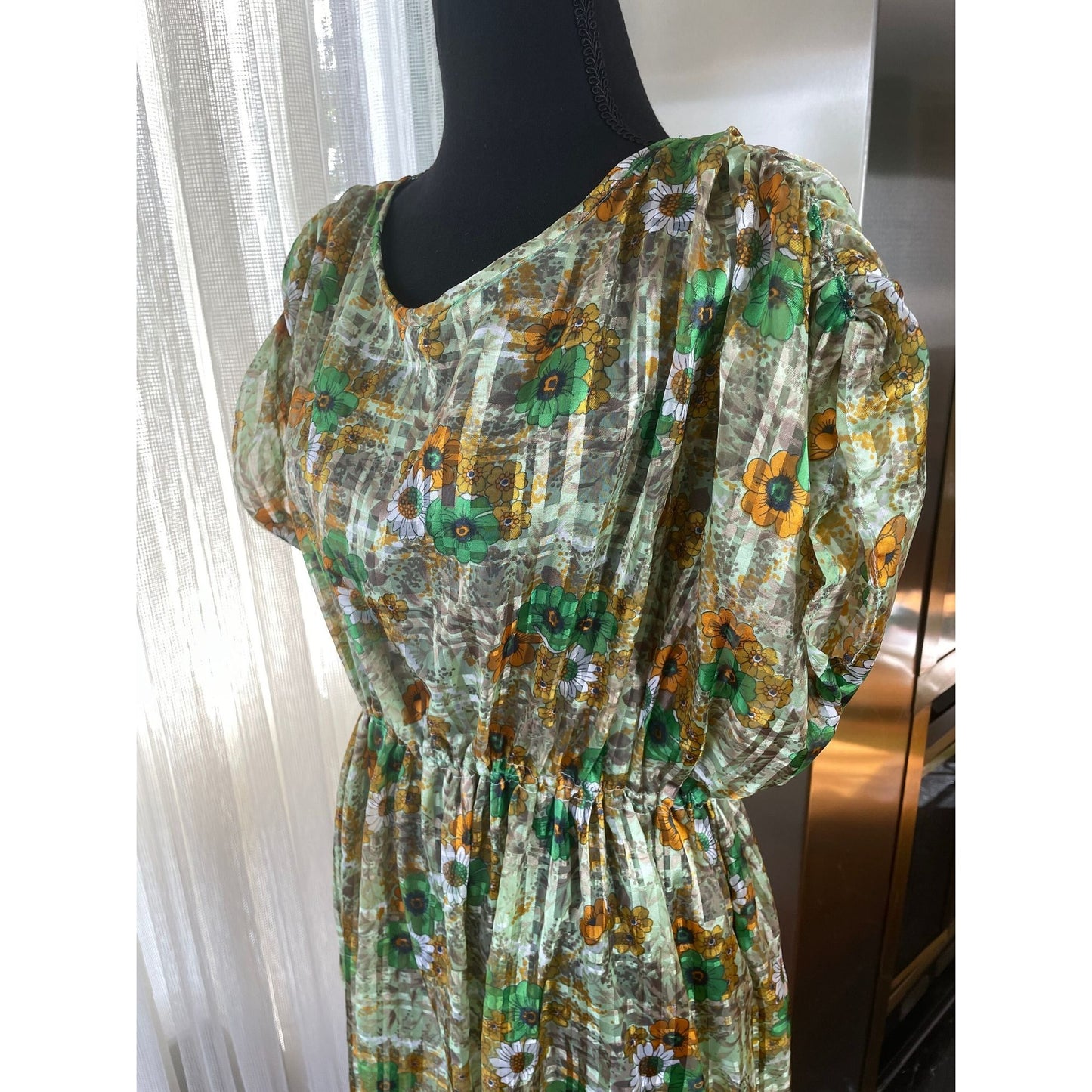 Vintage 80s dress, sheer green orange brown