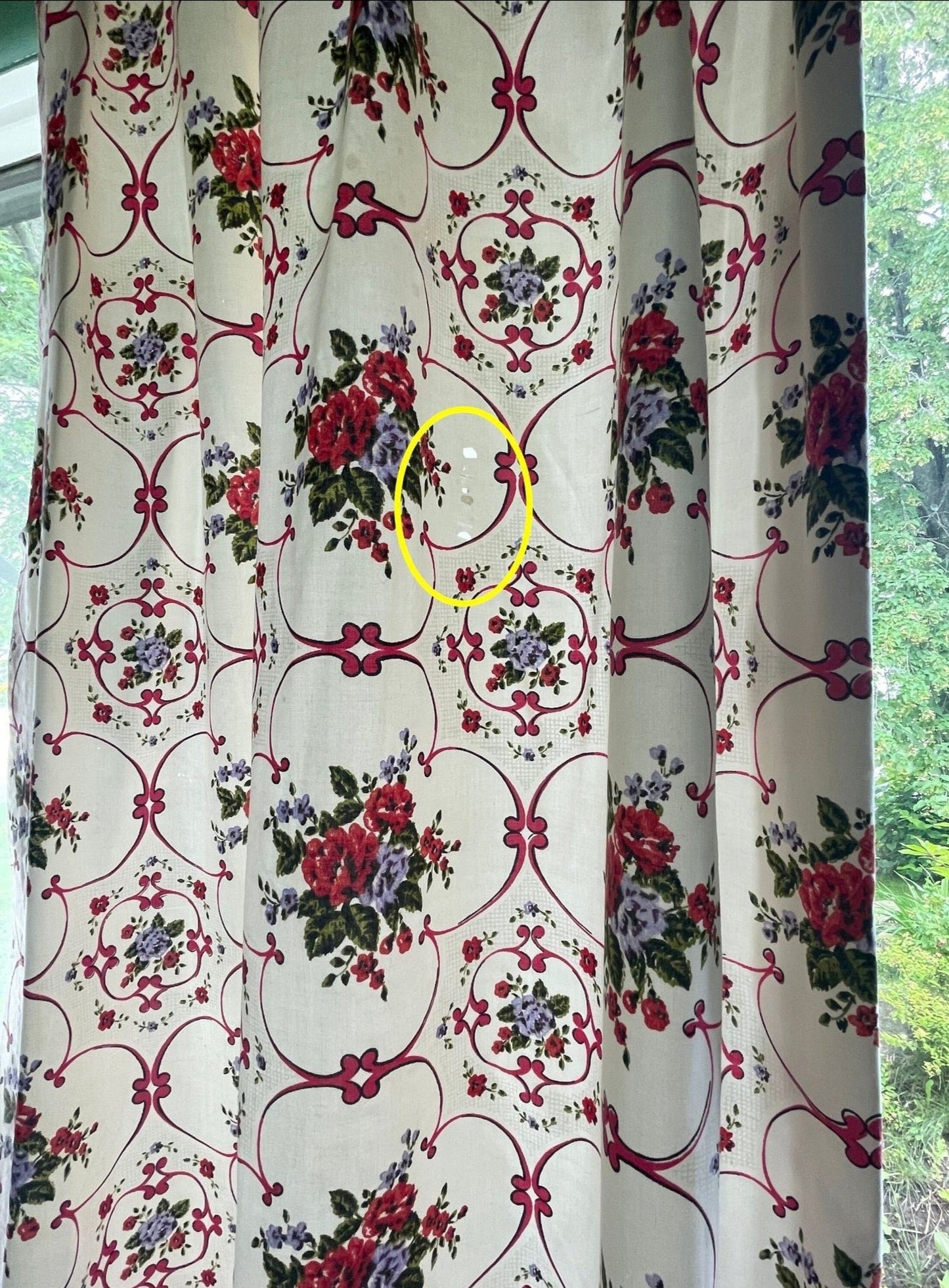 Vintage 60s pleated curtains, white pink floral, black out