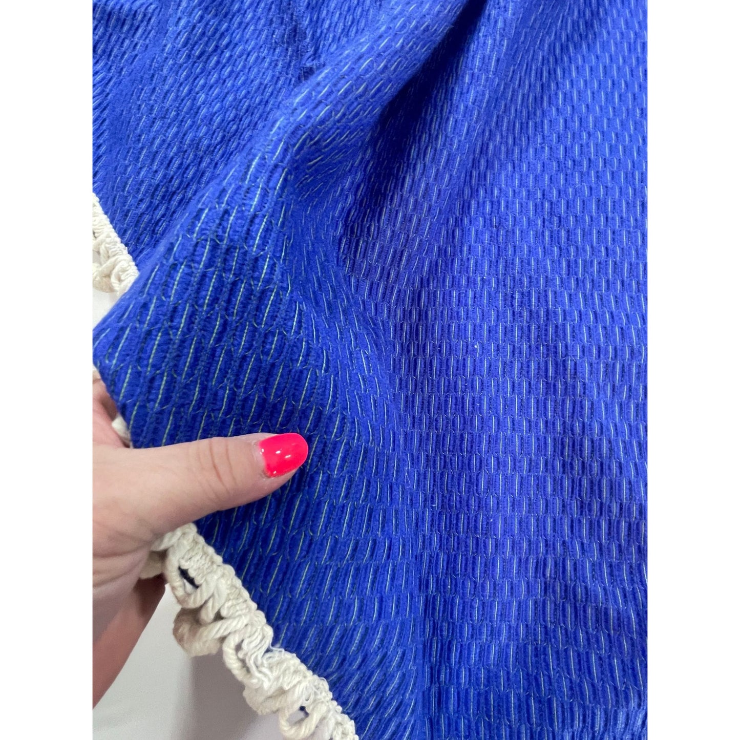 Vintage 70s pleated  curtain, indigo with white pompoms swag valance