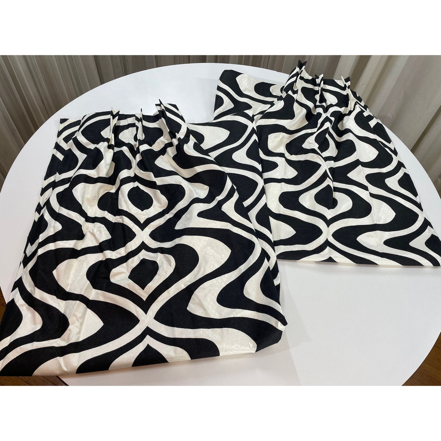 Vintage 50s pleated fiberglass curtains, Op Art black and white