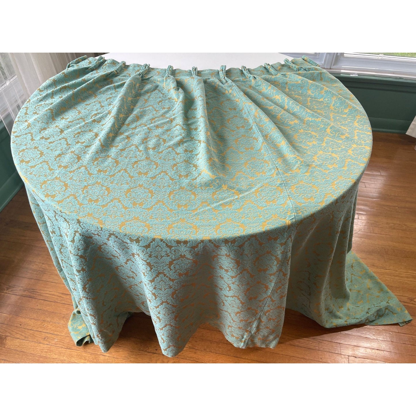 Vintage 60s pleated curtain, teal gold damask