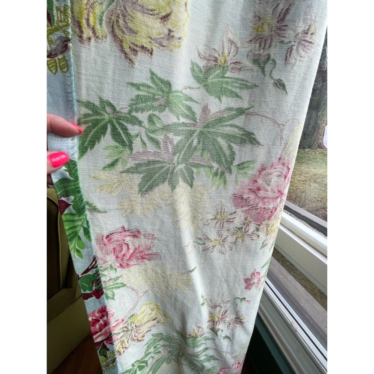 Vintage MCM pleated floral curtain panel, robin egg blue, pink yellow floral, greenery