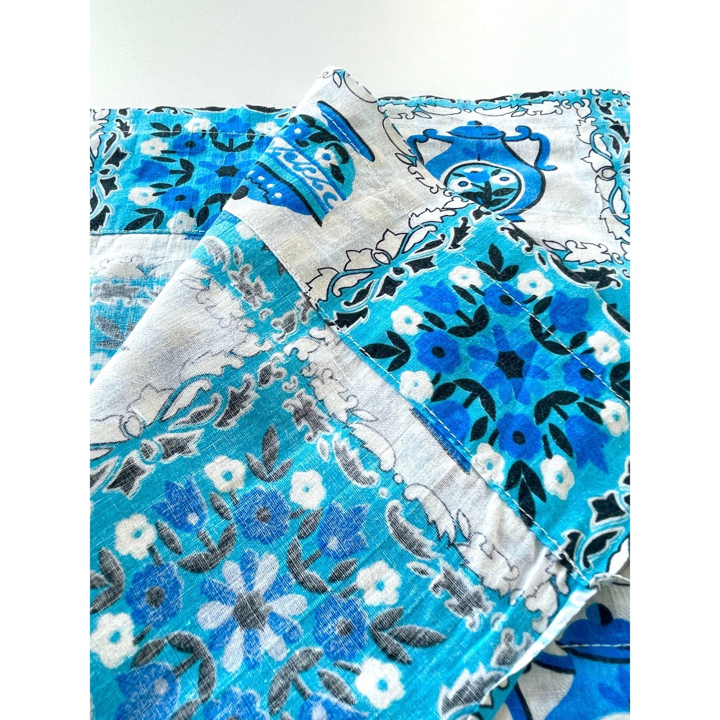 Vintage 70s curtain, blue and white valance