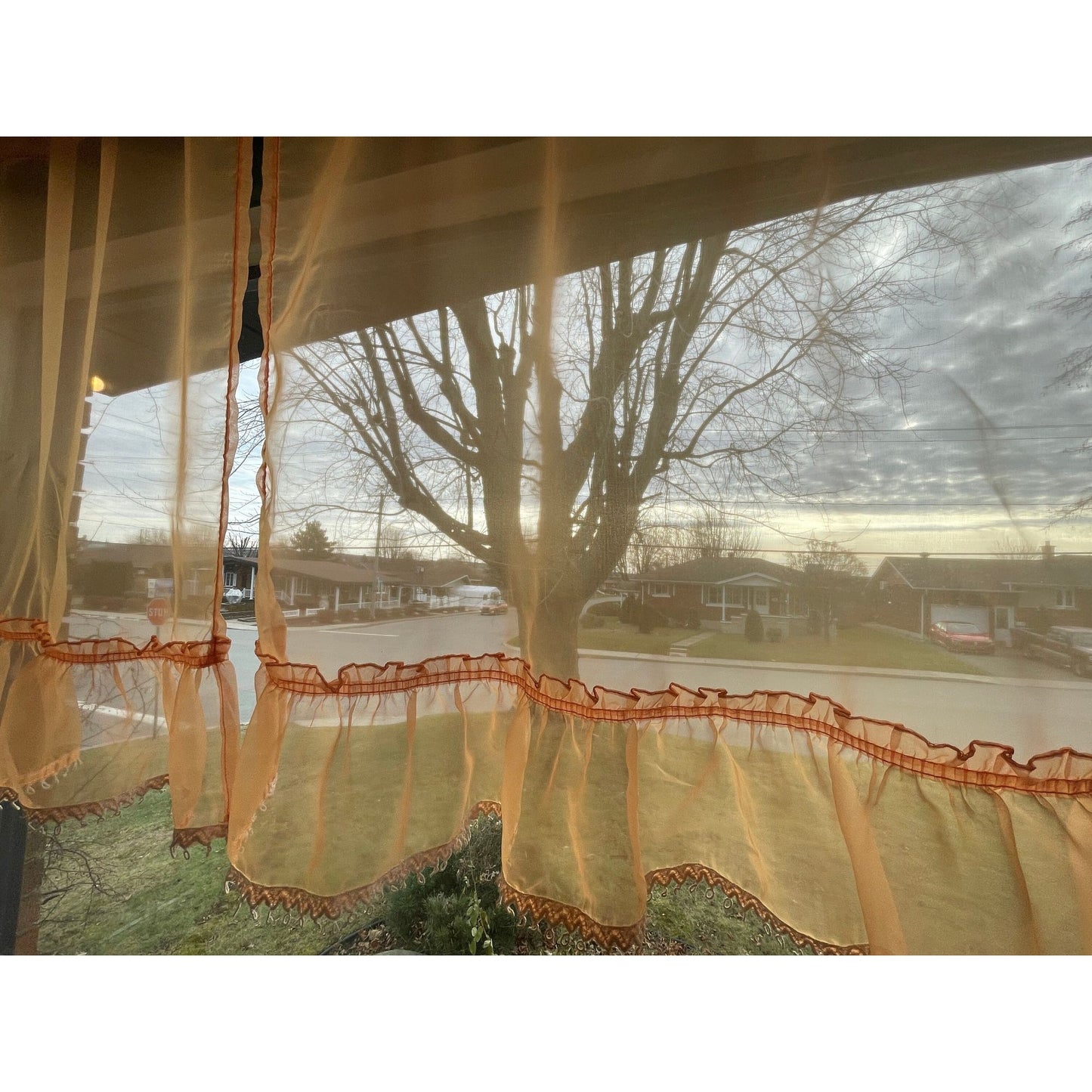 Vintage 70s curtains, pair of orange sheer ruffled panels