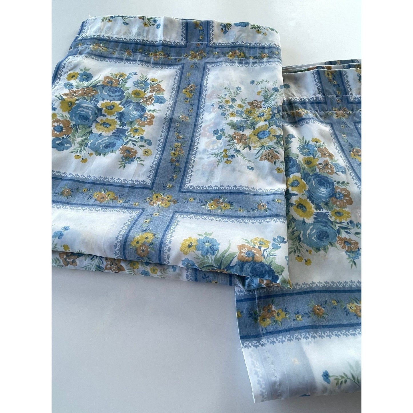 Pair of vintage 70s blue floral curtains panels