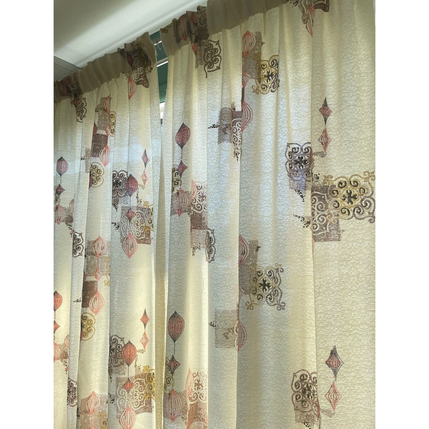 Vintage 50s barkcloth curtains, pink gold cream