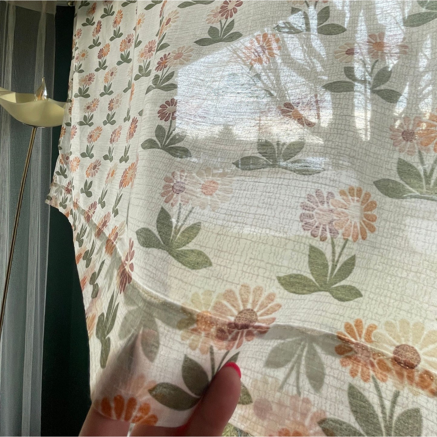 Vintage 70s curtain, brown orange floral, sheer panel