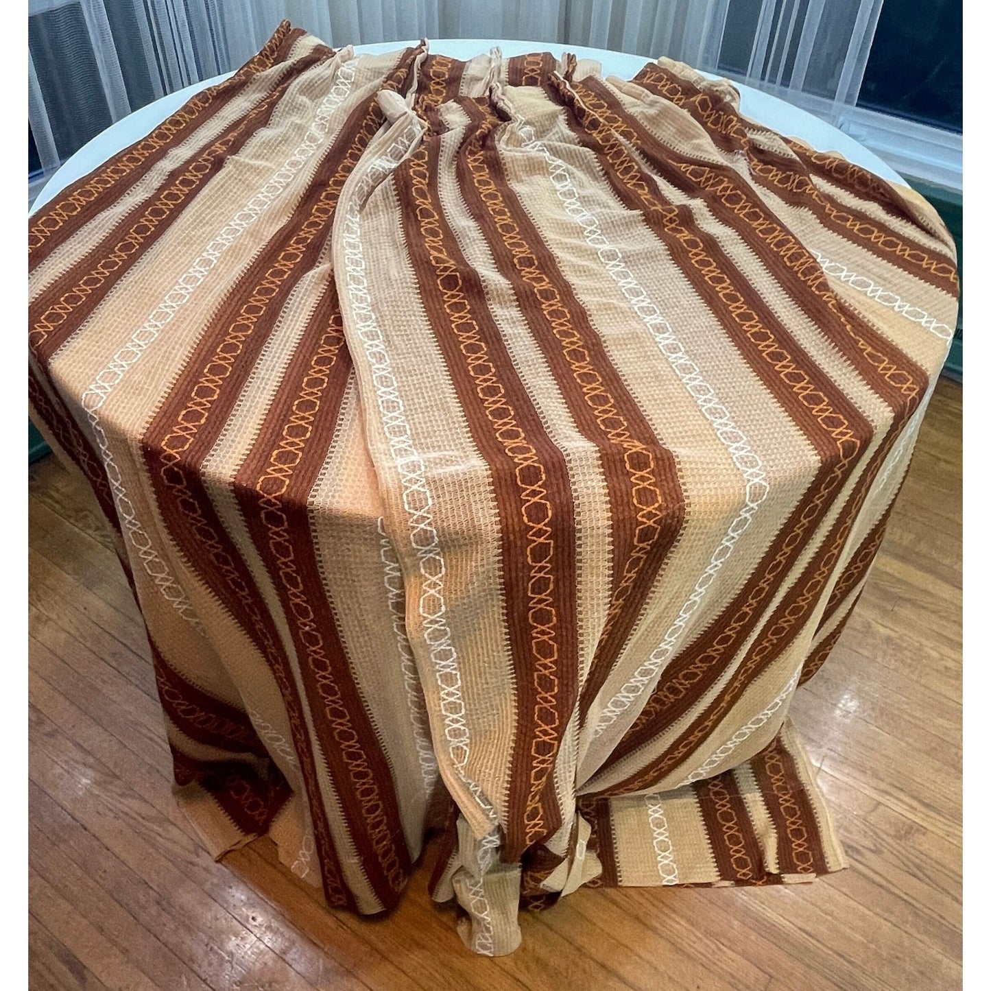 Vintage 70s net woven pleated curtains, brown stripes