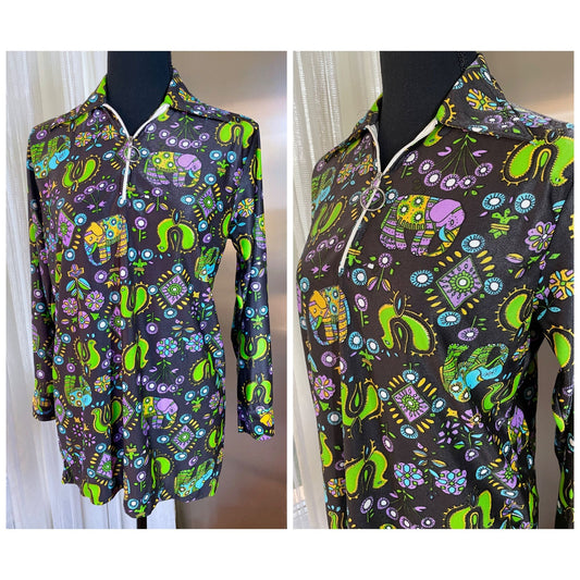 Vintage 70s top, psychedelic novelty print, elephants, birds, long sleeves