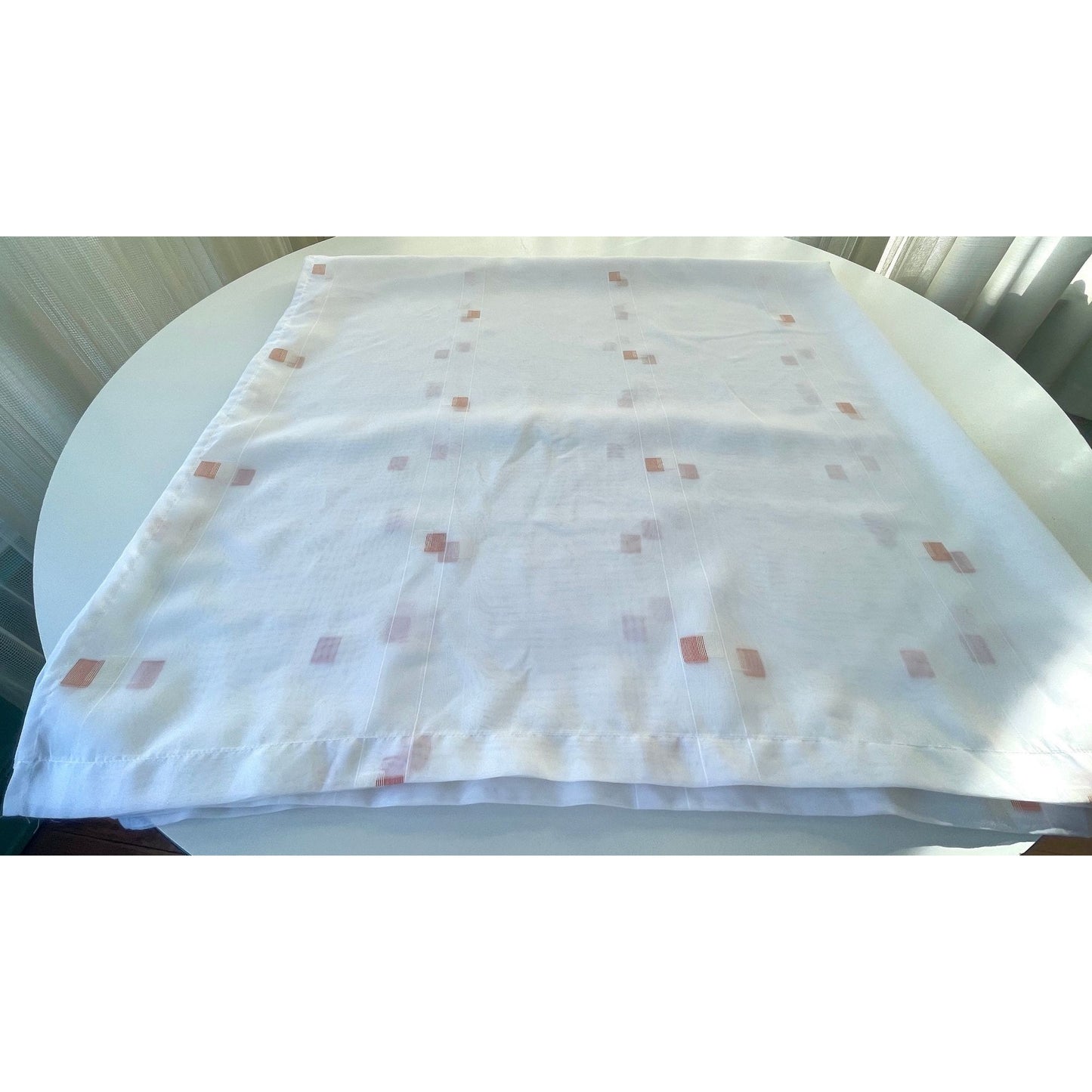 Vintage 80s curtain, white peach geometric pattern, sheer panel