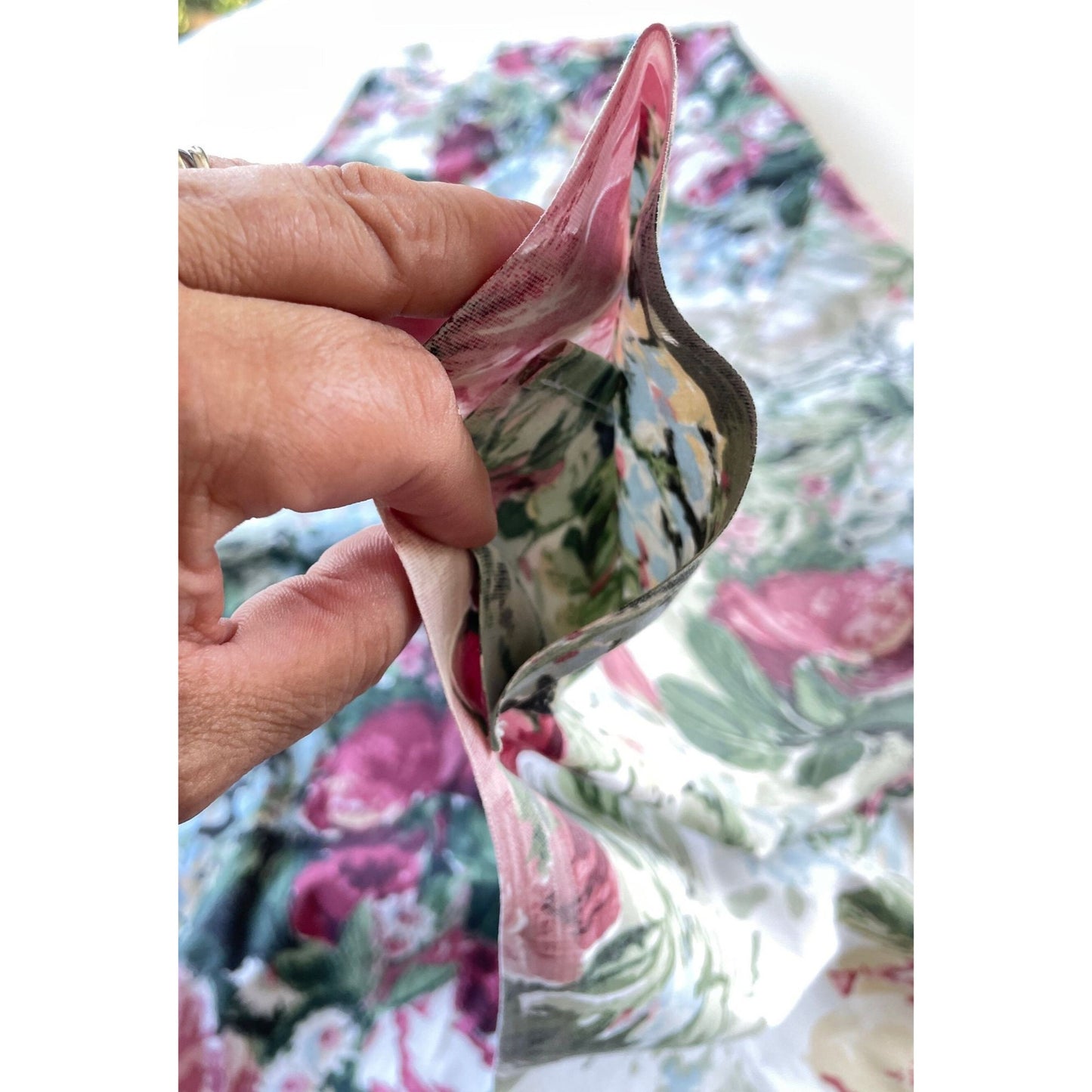 Vintage 80s curtain, green pink floral, ruffled bottom panel