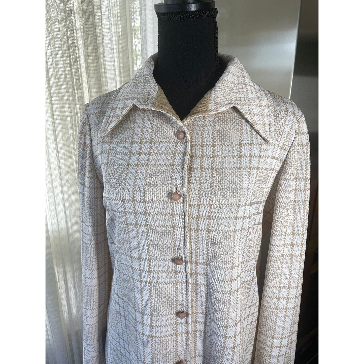 Vintage 70s dress, tan buffalo check pattern, long sleeves, Leo Danal