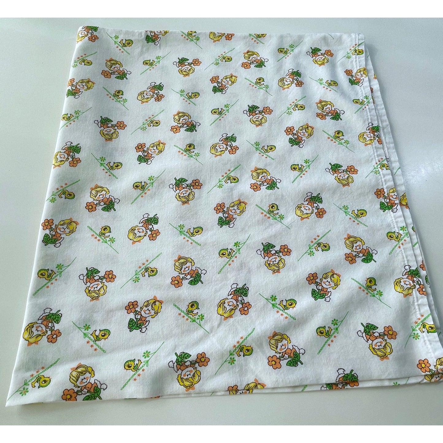 Vintage 60s children pillowcase, daisies and ducks, orange, green and yellow